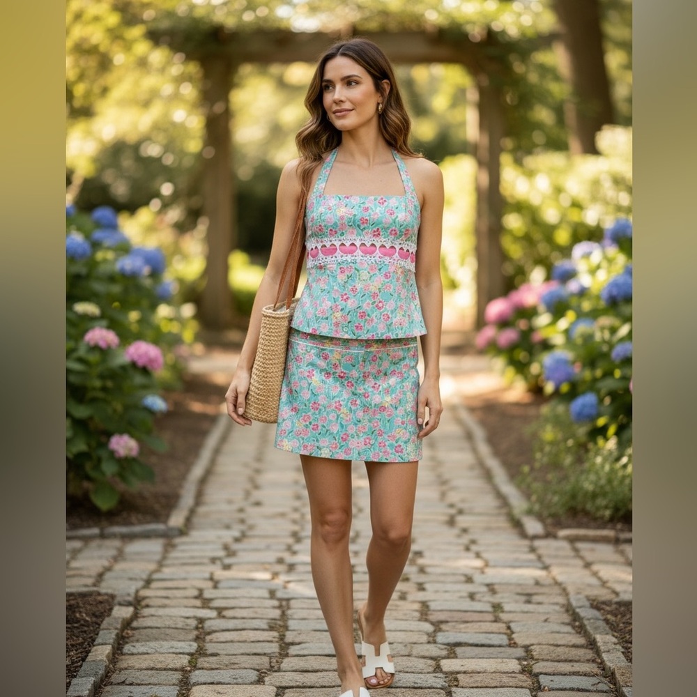 Vintage Lilly Pulitzer Wave Blue skort and Top set. Sz 4 Y2K